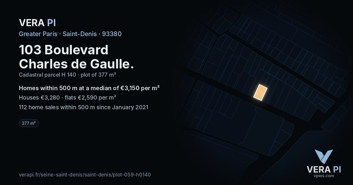 103 Boulevard Charles de Gaulle, Saint-Denis at night – the plot lit, the parcels around coloured by the prices near them