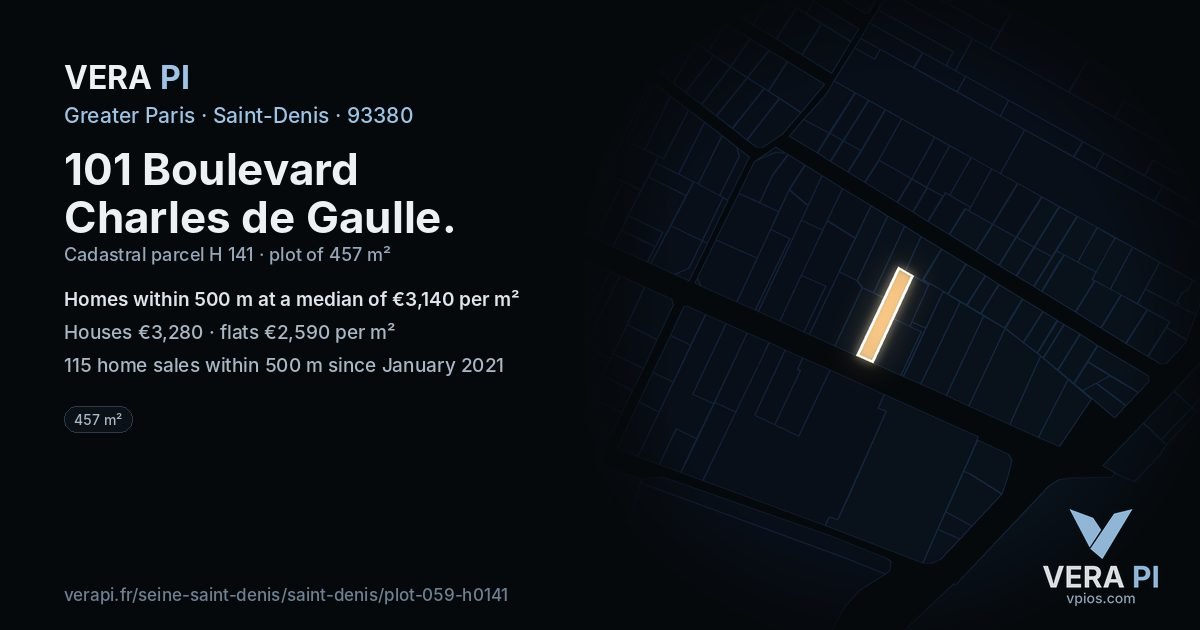 101 Boulevard Charles de Gaulle, Saint-Denis at night – the plot lit, the parcels around coloured by the prices near them