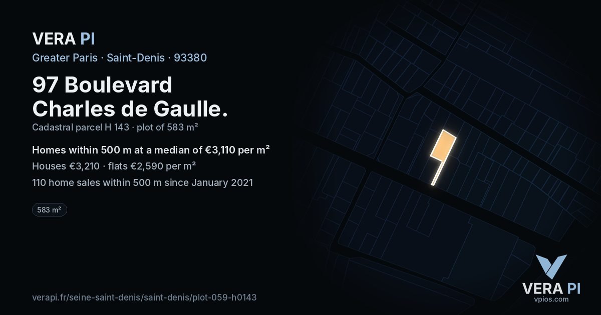 97 Boulevard Charles de Gaulle, Saint-Denis at night – the plot lit, the parcels around coloured by the prices near them