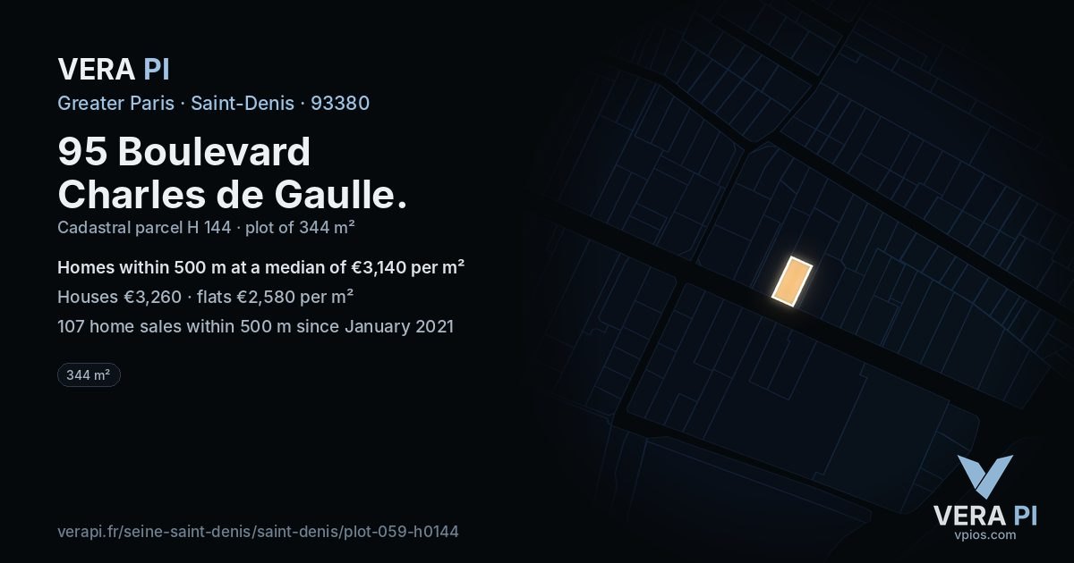 95 Boulevard Charles de Gaulle, Saint-Denis at night – the plot lit, the parcels around coloured by the prices near them
