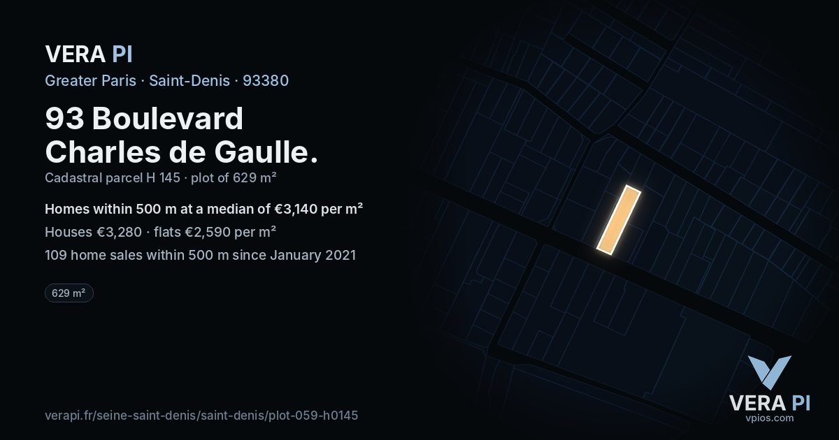 93 Boulevard Charles de Gaulle, Saint-Denis at night – the plot lit, the parcels around coloured by the prices near them