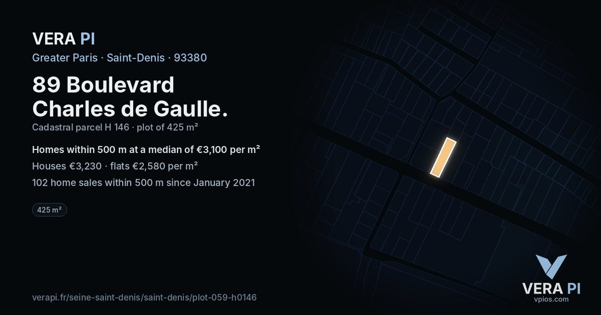 89 Boulevard Charles de Gaulle, Saint-Denis at night – the plot lit, the parcels around coloured by the prices near them