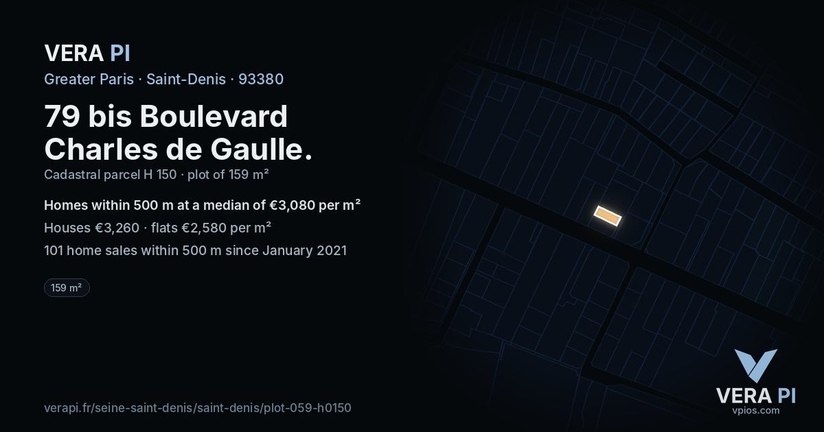 79 bis Boulevard Charles de Gaulle, Saint-Denis at night – the plot lit, the parcels around coloured by the prices near them