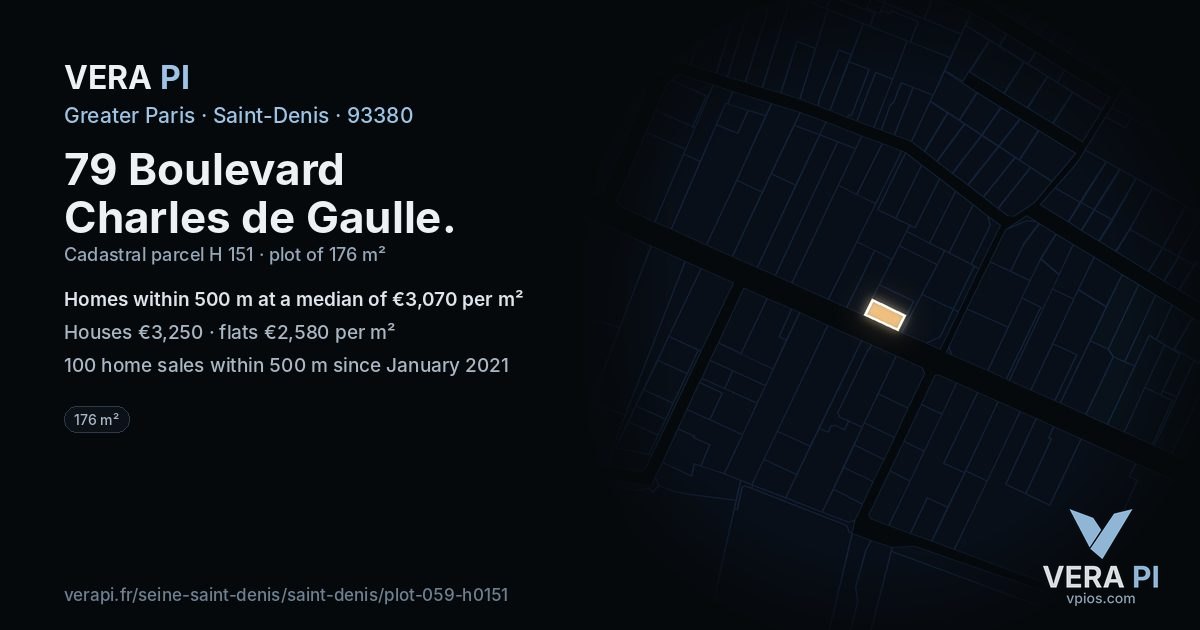 79 Boulevard Charles de Gaulle, Saint-Denis at night – the plot lit, the parcels around coloured by the prices near them