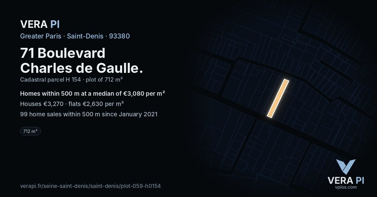 71 Boulevard Charles de Gaulle, Saint-Denis at night – the plot lit, the parcels around coloured by the prices near them