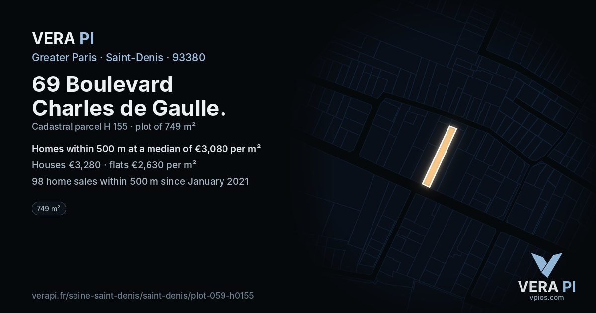 69 Boulevard Charles de Gaulle, Saint-Denis at night – the plot lit, the parcels around coloured by the prices near them
