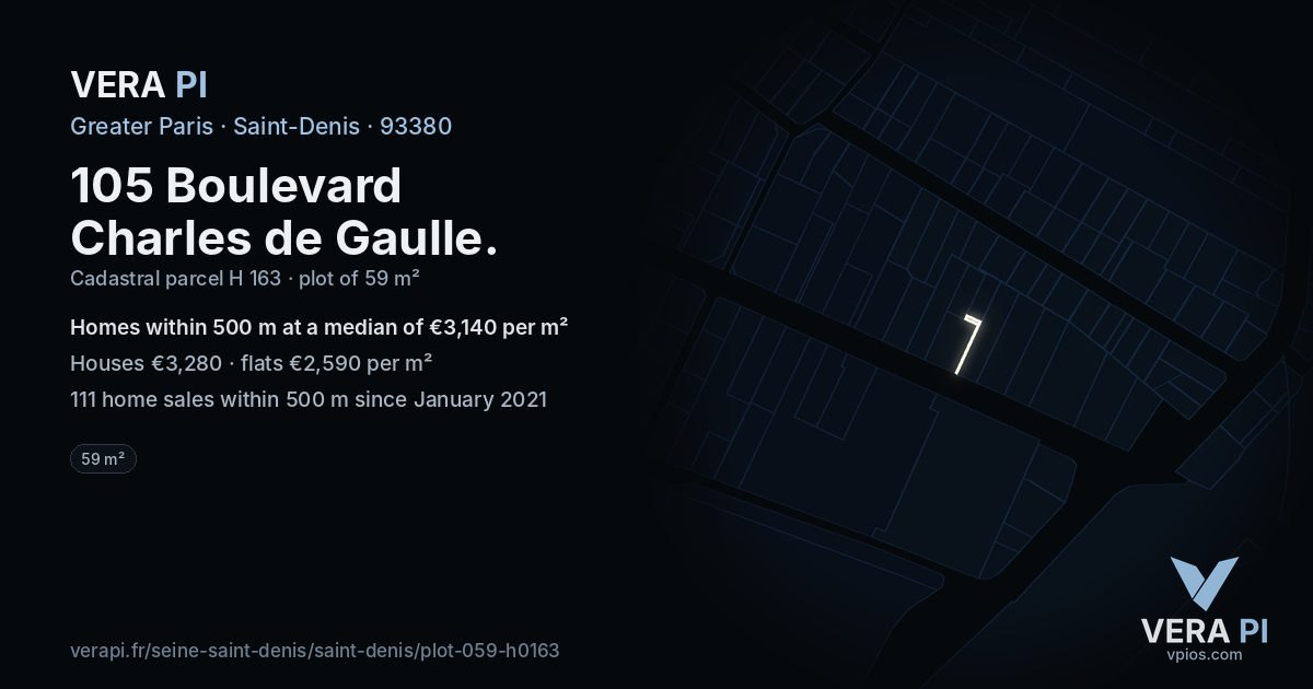 105 Boulevard Charles de Gaulle, Saint-Denis at night – the plot lit, the parcels around coloured by the prices near them