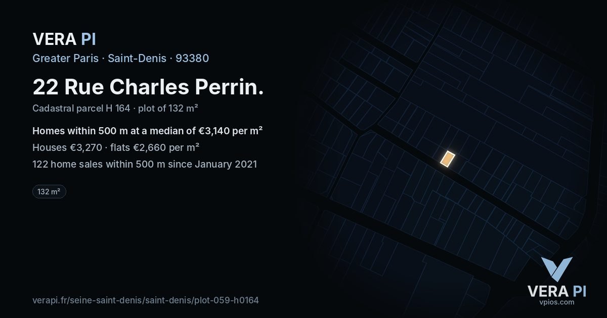 22 Rue Charles Perrin, Saint-Denis at night – the plot lit, the parcels around coloured by the prices near them