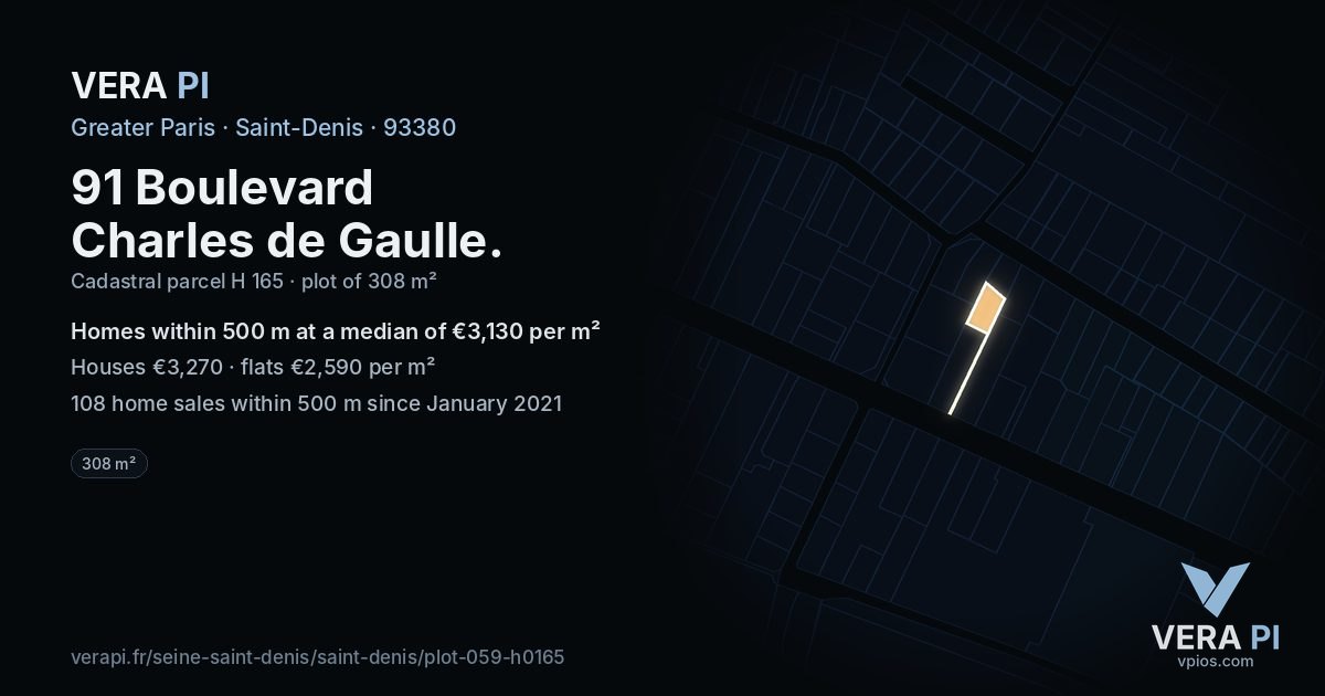 91 Boulevard Charles de Gaulle, Saint-Denis at night – the plot lit, the parcels around coloured by the prices near them