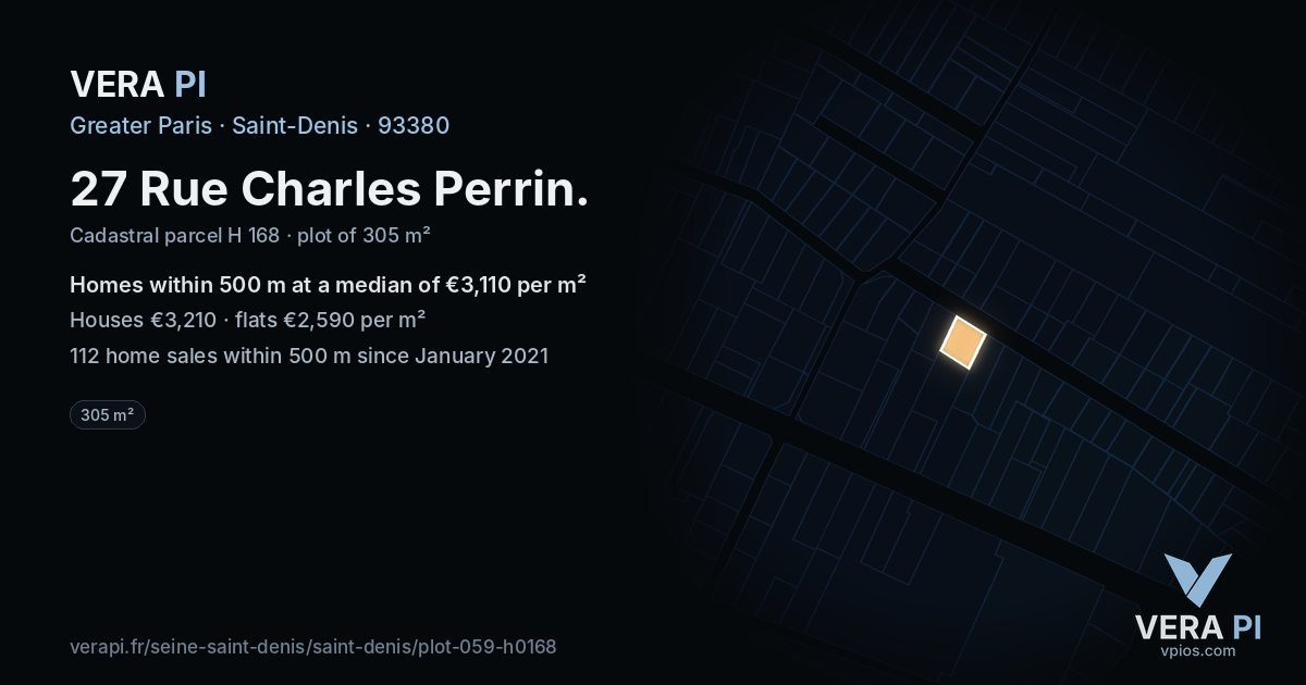 27 Rue Charles Perrin, Saint-Denis at night – the plot lit, the parcels around coloured by the prices near them