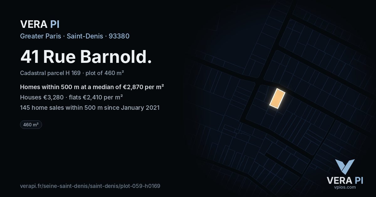41 Rue Barnold, Saint-Denis at night – the plot lit, the parcels around coloured by the prices near them