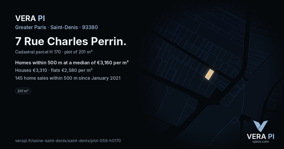 7 Rue Charles Perrin, Saint-Denis at night – the plot lit, the parcels around coloured by the prices near them