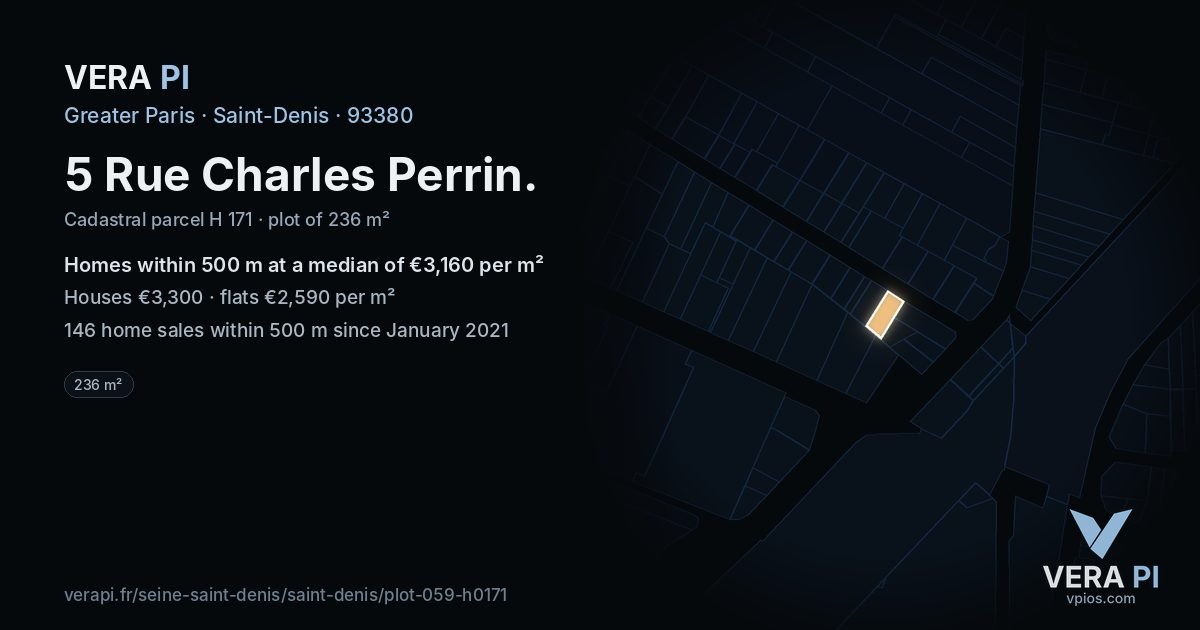 5 Rue Charles Perrin, Saint-Denis at night – the plot lit, the parcels around coloured by the prices near them