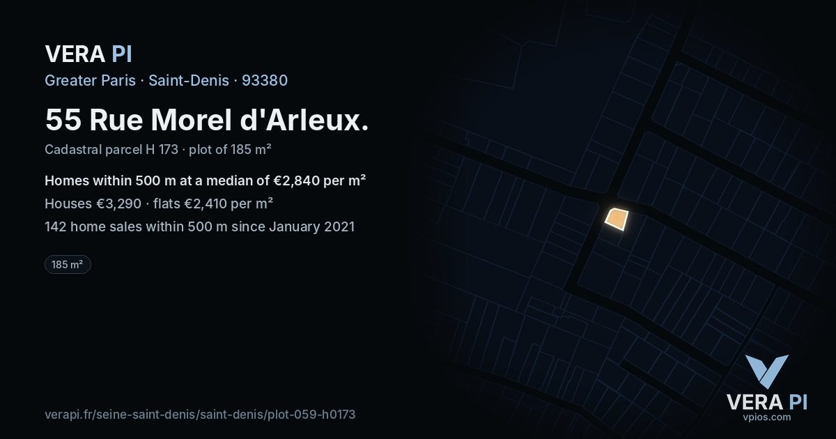 55 Rue Morel d'Arleux, Saint-Denis at night – the plot lit, the parcels around coloured by the prices near them