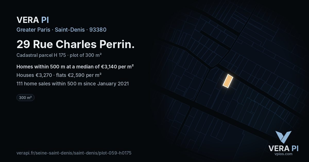 29 Rue Charles Perrin, Saint-Denis at night – the plot lit, the parcels around coloured by the prices near them