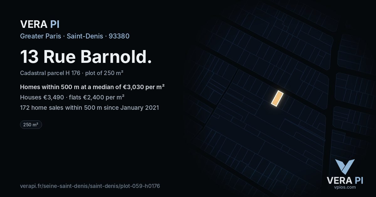 13 Rue Barnold, Saint-Denis at night – the plot lit, the parcels around coloured by the prices near them
