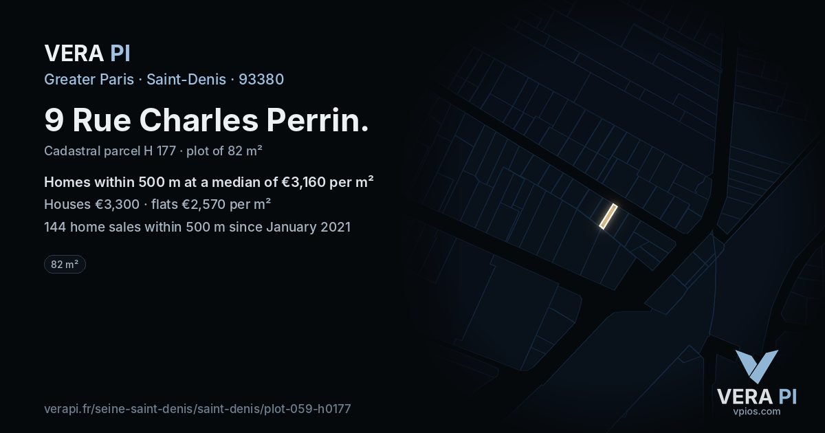 9 Rue Charles Perrin, Saint-Denis at night – the plot lit, the parcels around coloured by the prices near them