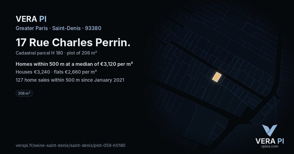 17 Rue Charles Perrin, Saint-Denis at night – the plot lit, the parcels around coloured by the prices near them