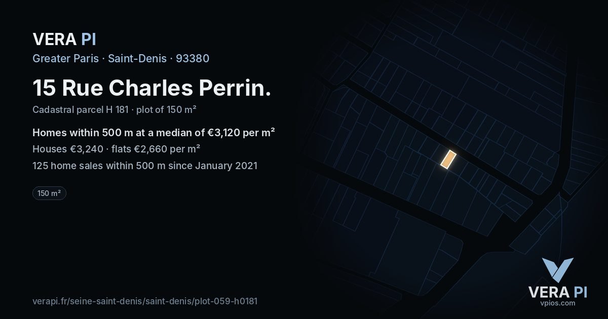 15 Rue Charles Perrin, Saint-Denis at night – the plot lit, the parcels around coloured by the prices near them