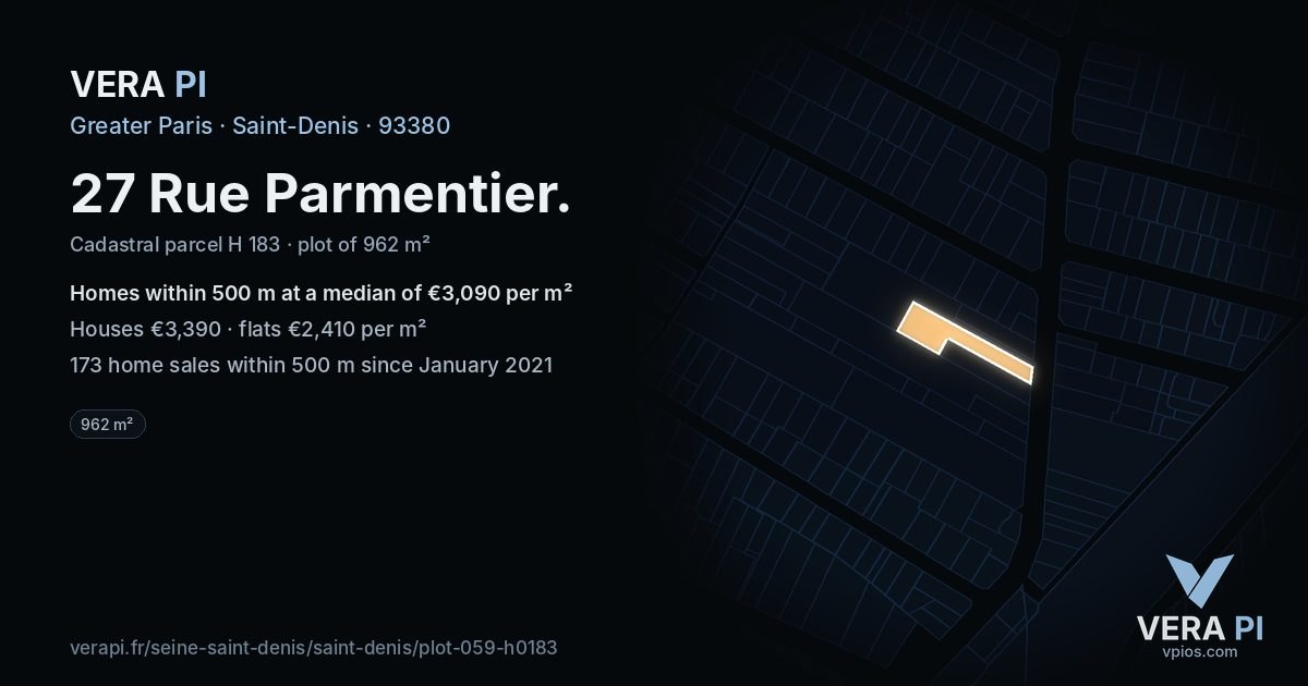 27 Rue Parmentier, Saint-Denis at night – the plot lit, the parcels around coloured by the prices near them