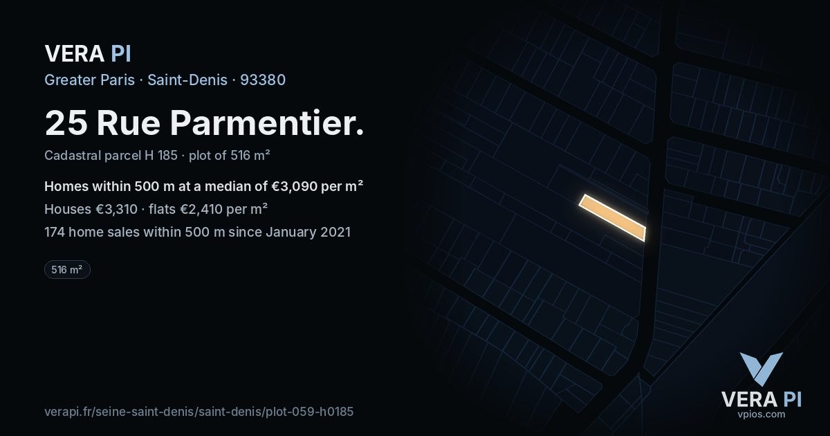 25 Rue Parmentier, Saint-Denis at night – the plot lit, the parcels around coloured by the prices near them