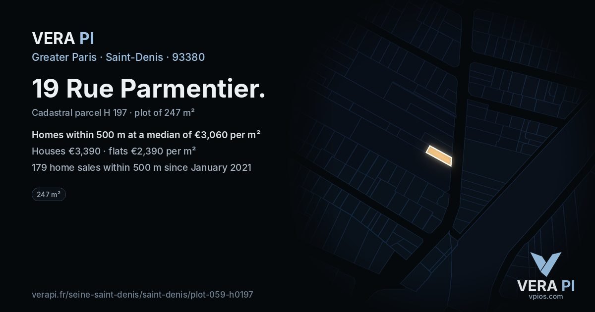 19 Rue Parmentier, Saint-Denis at night – the plot lit, the parcels around coloured by the prices near them