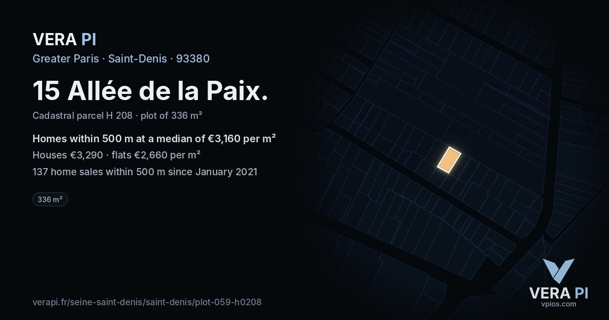 15 Allée de la Paix, Saint-Denis at night – the plot lit, the parcels around coloured by the prices near them
