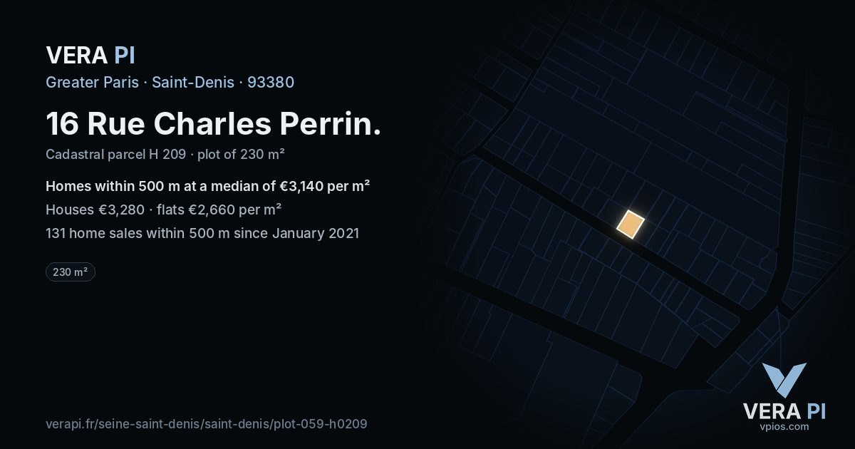 16 Rue Charles Perrin, Saint-Denis at night – the plot lit, the parcels around coloured by the prices near them