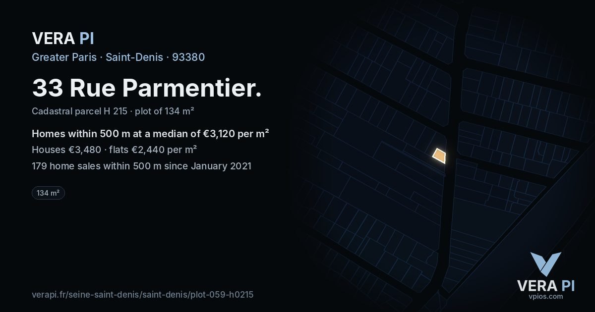 33 Rue Parmentier, Saint-Denis at night – the plot lit, the parcels around coloured by the prices near them