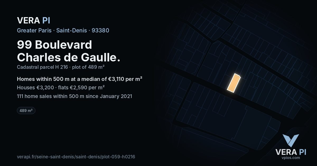 99 Boulevard Charles de Gaulle, Saint-Denis at night – the plot lit, the parcels around coloured by the prices near them