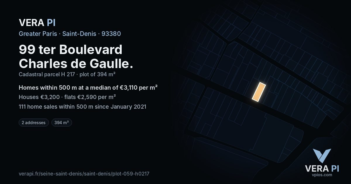 99 ter Boulevard Charles de Gaulle, Saint-Denis at night – the plot lit, the parcels around coloured by the prices near them