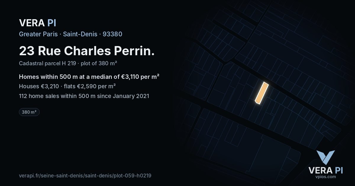 23 Rue Charles Perrin, Saint-Denis at night – the plot lit, the parcels around coloured by the prices near them