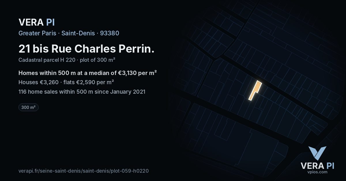 21 bis Rue Charles Perrin, Saint-Denis at night – the plot lit, the parcels around coloured by the prices near them