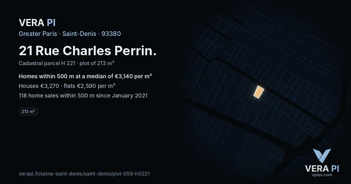 21 Rue Charles Perrin, Saint-Denis at night – the plot lit, the parcels around coloured by the prices near them