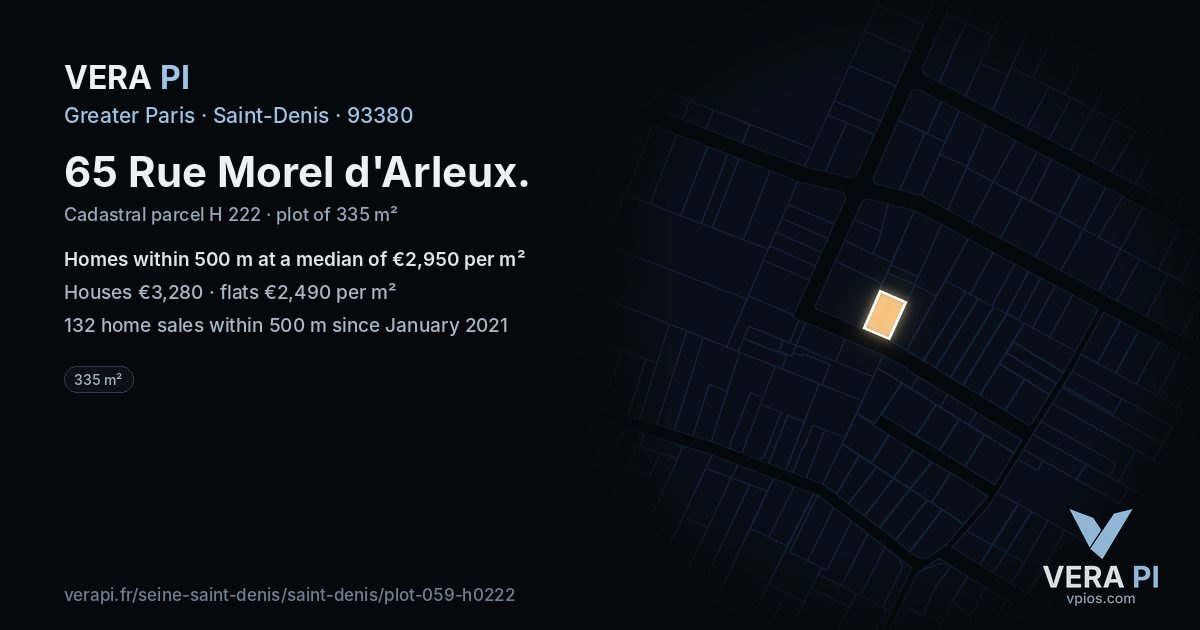 65 Rue Morel d'Arleux, Saint-Denis at night – the plot lit, the parcels around coloured by the prices near them