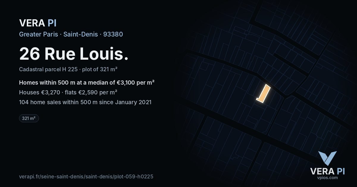 26 Rue Louis, Saint-Denis at night – the plot lit, the parcels around coloured by the prices near them