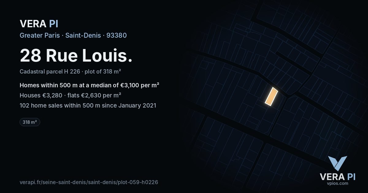28 Rue Louis, Saint-Denis at night – the plot lit, the parcels around coloured by the prices near them