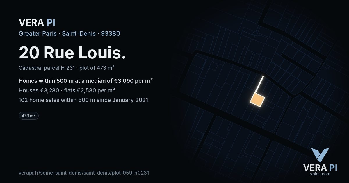 20 Rue Louis, Saint-Denis at night – the plot lit, the parcels around coloured by the prices near them