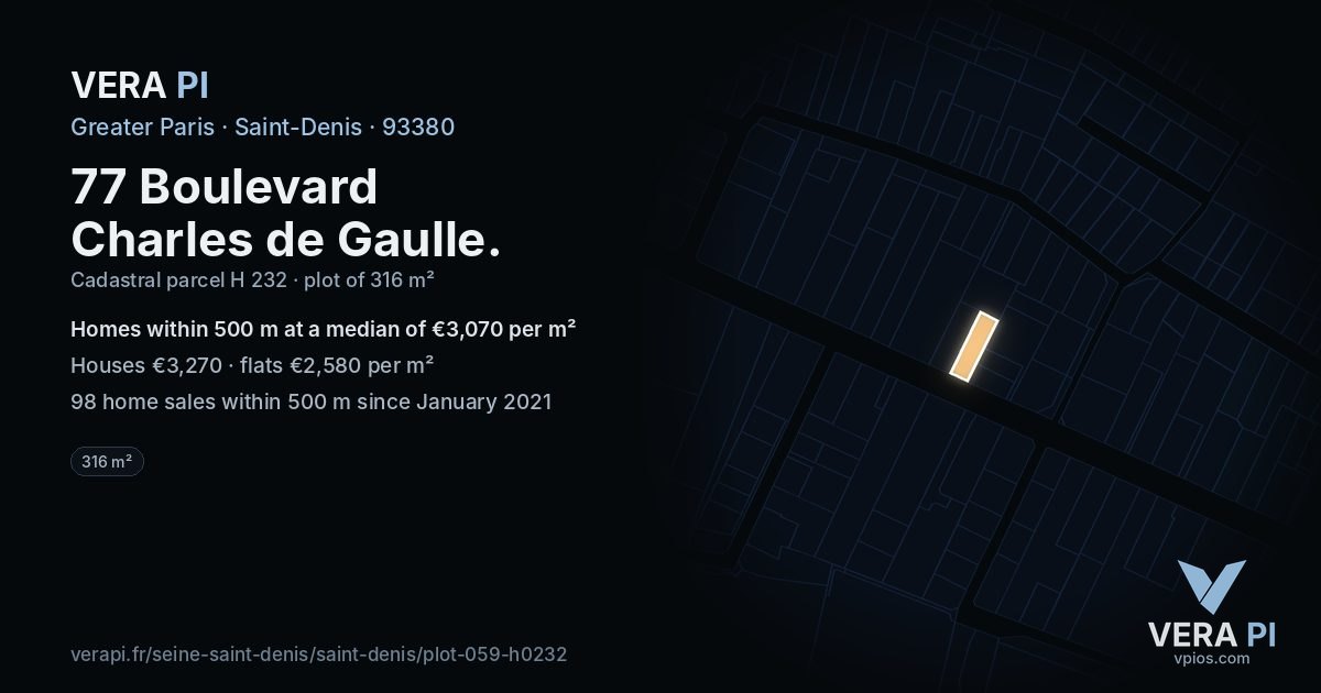 77 Boulevard Charles de Gaulle, Saint-Denis at night – the plot lit, the parcels around coloured by the prices near them