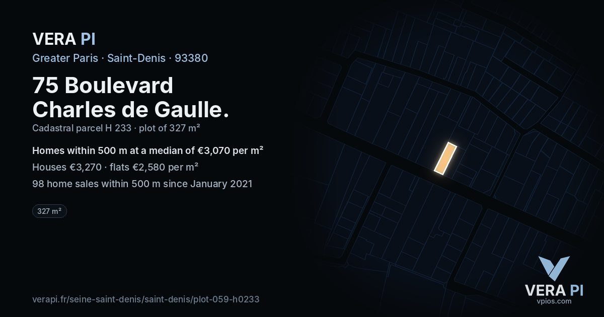 75 Boulevard Charles de Gaulle, Saint-Denis at night – the plot lit, the parcels around coloured by the prices near them