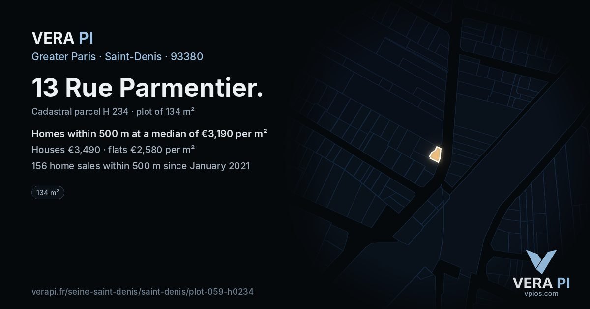 13 Rue Parmentier, Saint-Denis at night – the plot lit, the parcels around coloured by the prices near them