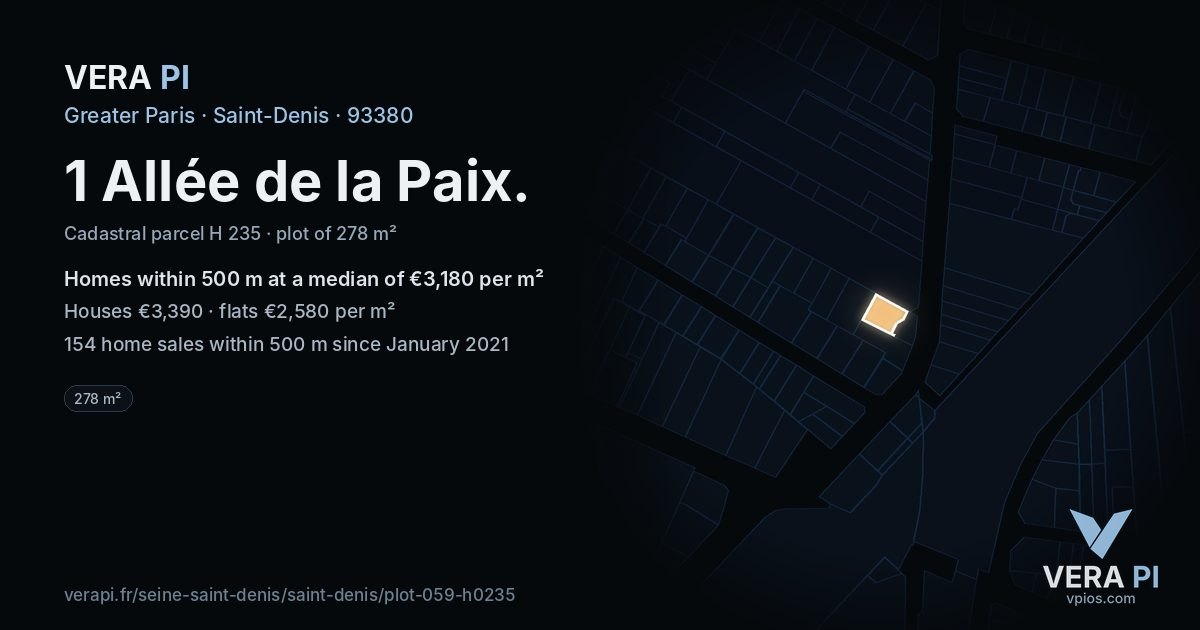 1 Allée de la Paix, Saint-Denis at night – the plot lit, the parcels around coloured by the prices near them