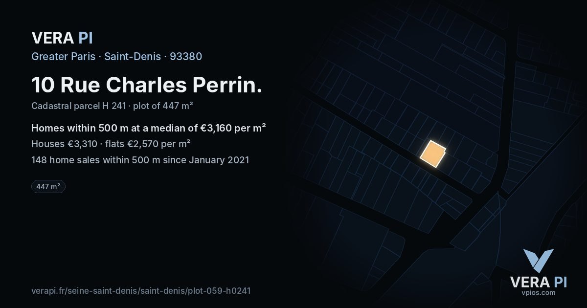 10 Rue Charles Perrin, Saint-Denis at night – the plot lit, the parcels around coloured by the prices near them