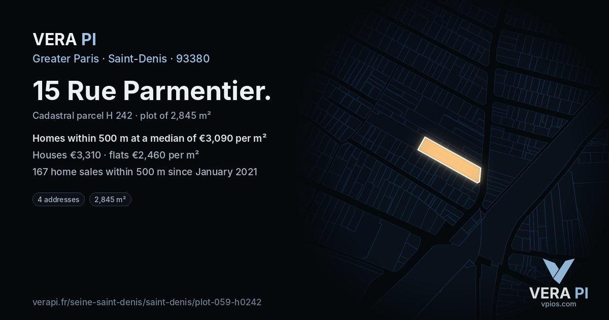 15 Rue Parmentier, Saint-Denis at night – the plot lit, the parcels around coloured by the prices near them