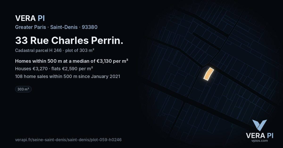 33 Rue Charles Perrin, Saint-Denis at night – the plot lit, the parcels around coloured by the prices near them