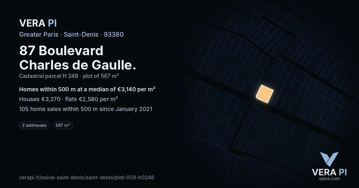 87 Boulevard Charles de Gaulle, Saint-Denis at night – the plot lit, the parcels around coloured by the prices near them