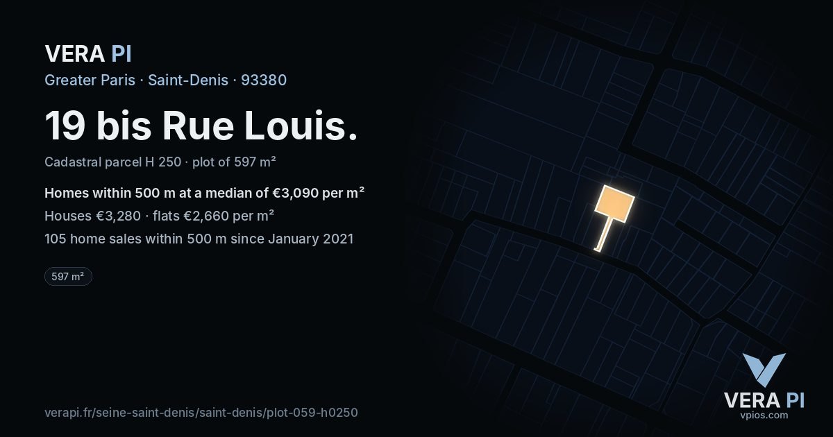 19 bis Rue Louis, Saint-Denis at night – the plot lit, the parcels around coloured by the prices near them