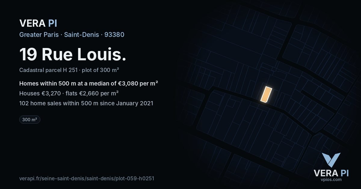 19 Rue Louis, Saint-Denis at night – the plot lit, the parcels around coloured by the prices near them