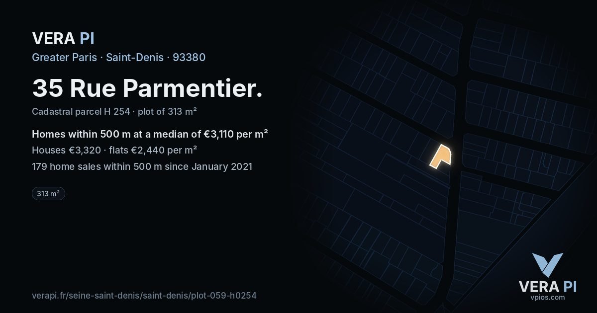 35 Rue Parmentier, Saint-Denis at night – the plot lit, the parcels around coloured by the prices near them