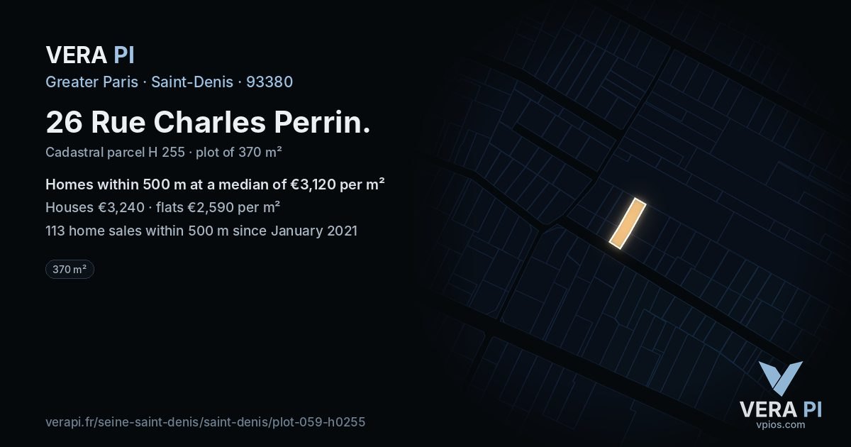 26 Rue Charles Perrin, Saint-Denis at night – the plot lit, the parcels around coloured by the prices near them